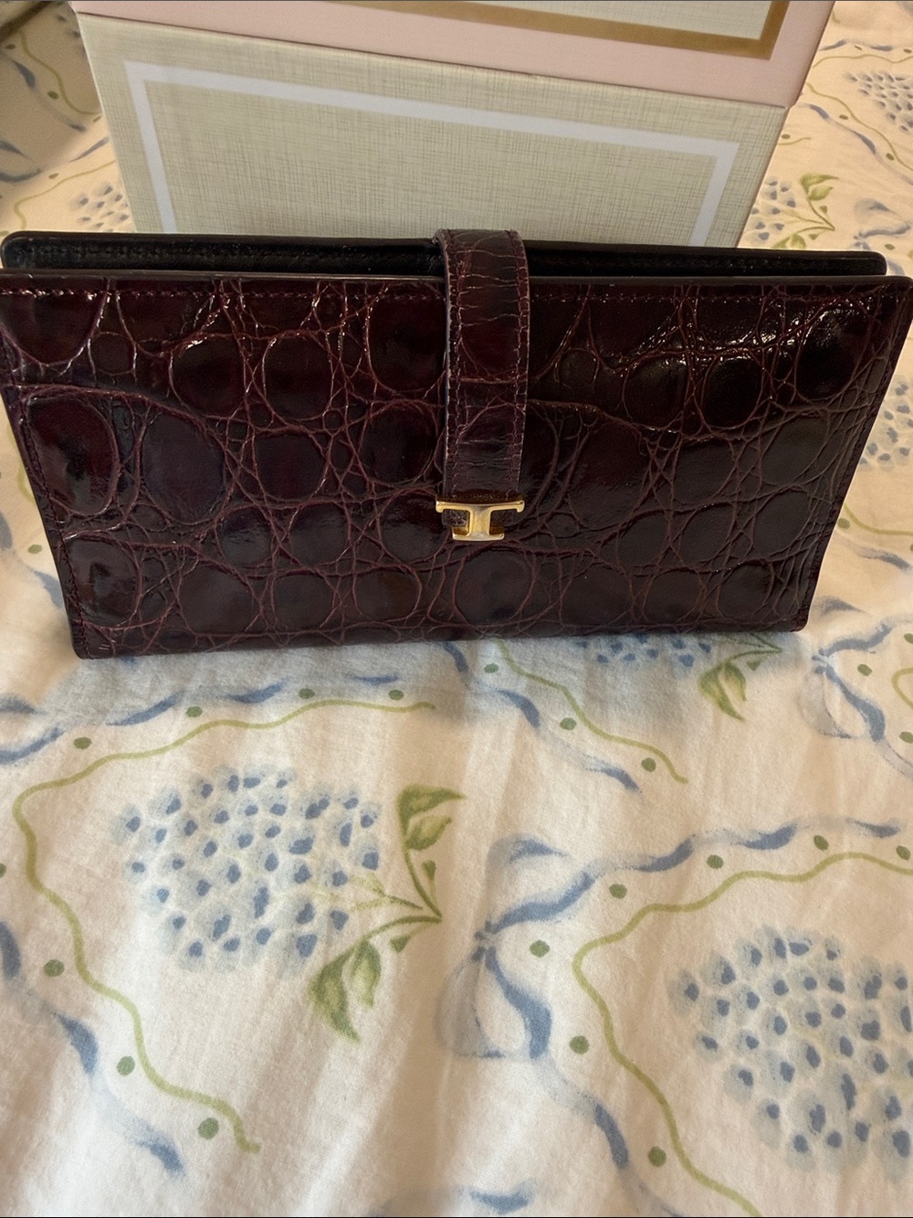 Tod's Croc-Embossed Leather Wallet Clutch in Deep Burgundy